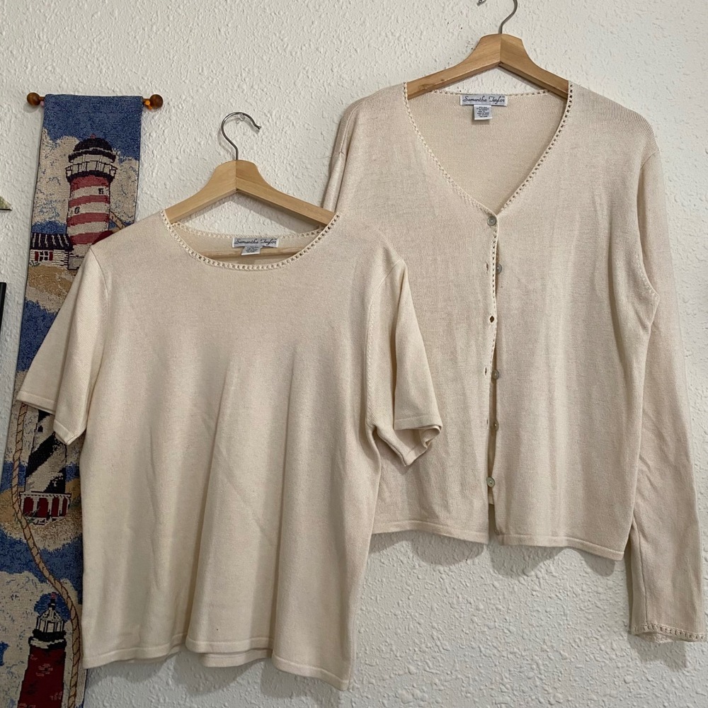 Samantha Taylor Silk Cashmere Twin Set Cream Cardigan Short Sleeve Sweater L